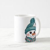 幸せな雪だるまの顔の名前のクリスマスリボン コーヒーマグカップ (正面右)