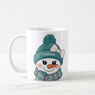 幸せな雪だるまの顔の名前のクリスマスリボン コーヒーマグカップ