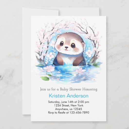 幸せな青い野生の花のカワウソの男の子のベビーシャワー 招待状 (正面)