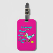 幸せな青い鳥のピクルボール ピンクと黄色 ラゲッジタグ (正面縦)