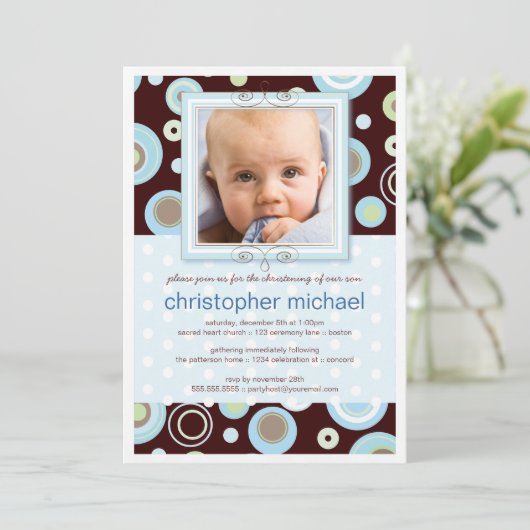 幸せな青はベビーの写真の《キリスト教》洗礼式や命名式の招待状に点を打ちます 招待状 (スタンド正面)