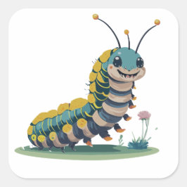 幸せな顔と葉のキュートな毛虫 スクエアシール