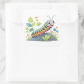 幸せな顔と葉のキュートな毛虫 スクエアシール (バッグ)