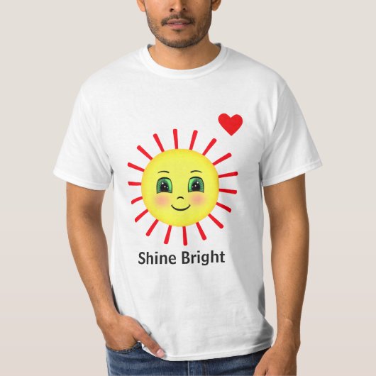幸せな顔と輝く赤い日の出の光線 Tシャツ (正面)