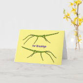 幸せな顔漫画と可愛い緑のスティック昆虫 カード (黄色い花)