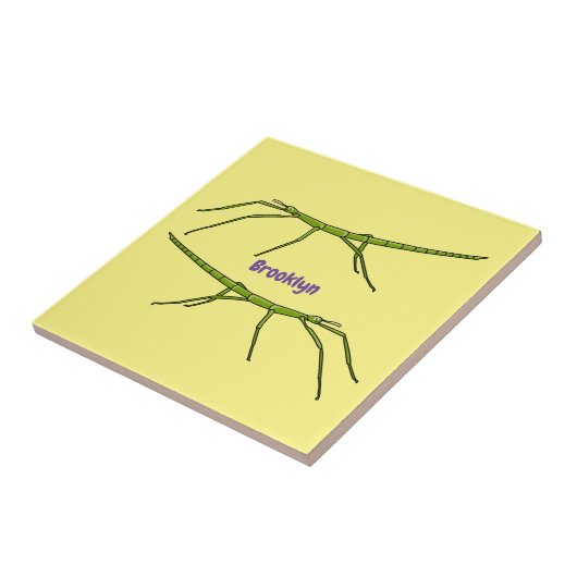 幸せな顔漫画と可愛い緑のスティック昆虫 タイル (側面)