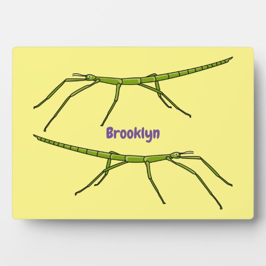 幸せな顔漫画と可愛い緑のスティック昆虫 フォトプラーク (正面)