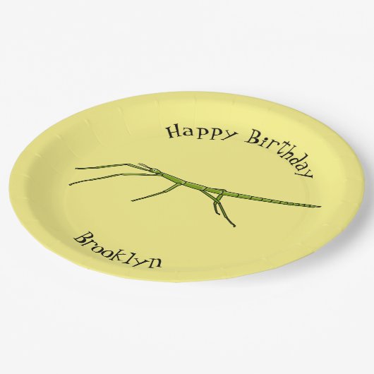 幸せな顔漫画と可愛い緑のスティック昆虫 ペーパープレート (アングル)