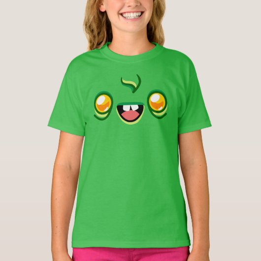 幸せな飛び跳ねる子供の緑色のゾンビの顔 Tシャツ (正面)