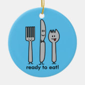 幸せな食事用器具類の道具フォークのナイフのSporkのかわいいスプーン セラミックオーナメント (正面)