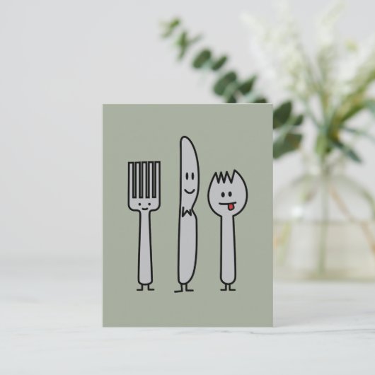 幸せな食事用器具類の道具フォークのナイフのSporkのかわいいスプーン ポストカード (スタンド正面)