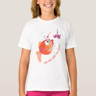 幸せな魚と虫のTシャツ 楽しい - カスタムテキスト Tシャツ
