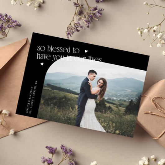 幸せな黒の結婚式フォト サンキューカード