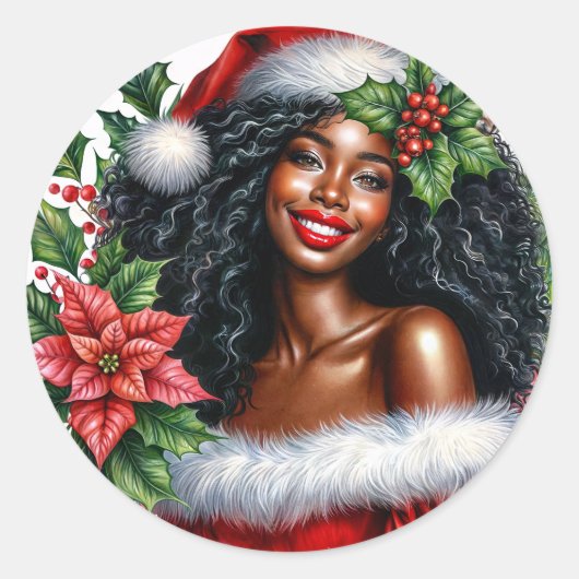 幸せな黒人女性のクリスマス ラウンドシール (正面)