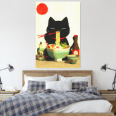 幸せな黒猫のラーメン | 日本の浮世絵 キャンバスプリント (インサイチュ (寝室))