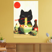 幸せな黒猫のラーメン | 日本の浮世絵 キャンバスプリント (インサイチュ (リビング))