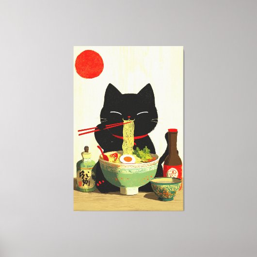 幸せな黒猫のラーメン | 日本の浮世絵 キャンバスプリント (正面)