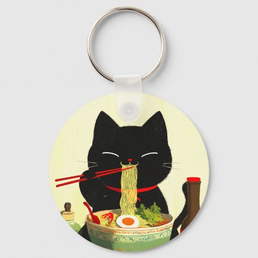 幸せな黒猫のラーメン | 日本の浮世絵 キーホルダー (正面)