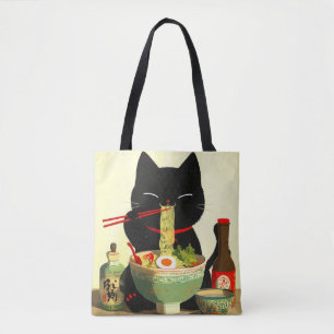 幸せな黒猫のラーメン 日本の浮世絵 トートバッグ