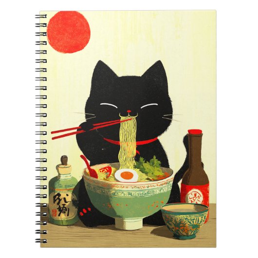 幸せな黒猫のラーメン | 日本の浮世絵 ノートブック (正面)