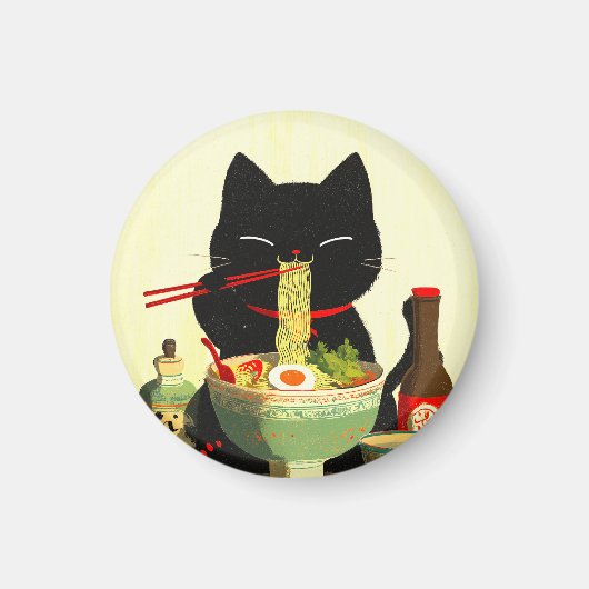 幸せな黒猫のラーメン | 日本の浮世絵 マグネット (正面)