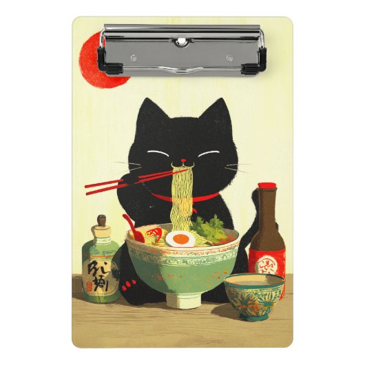 幸せな黒猫のラーメン | 日本の浮世絵 ミニクリップボード (正面)