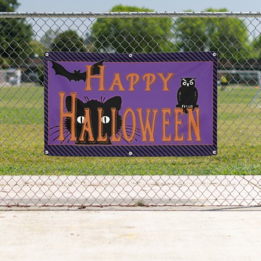 幸せな黒猫、フクロウおよびこうもりハロウィン 横断幕 (インサイチュ)