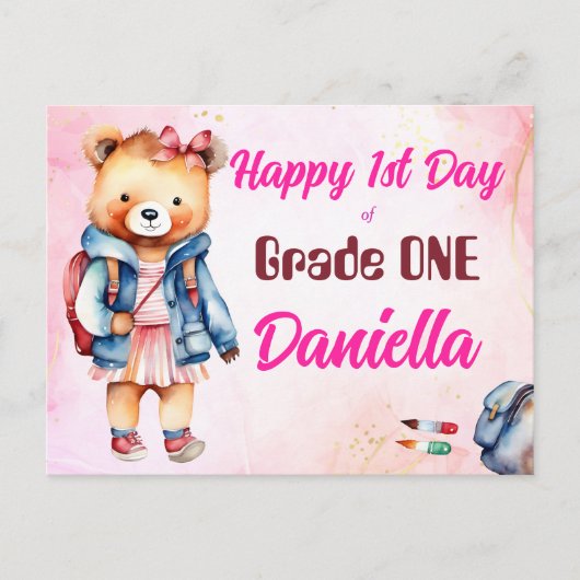 幸せな1日目かわいいテディベアとバッグ ポストカード (正面)