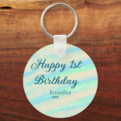 幸せな1歳の誕生日を子供たち 青 緑 パステル調 キーホルダー (裏面)