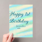 幸せな1歳の誕生日を迎えた子供たち 青 緑 パステルカラー アクリル招待状 (インサイチュ (ポータブル))