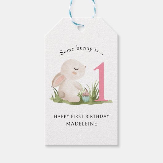幸せな1歳の誕生日ガールズピンクウサギをテーマにしたコーディネート ギフトタグ (正面)