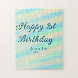幸せな1歳の誕生日 キッズ ベイビー ブルー グリーン パステル レトロ ジグソーパズル