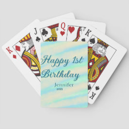 幸せな1歳の誕生日 キッズ ベイビー ブルー グリーン パステル レトロ トランプ