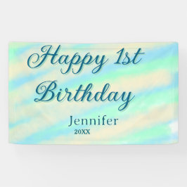 幸せな1歳の誕生日 キッズ ベイビー ブルー グリーン パステル レトロ 横断幕