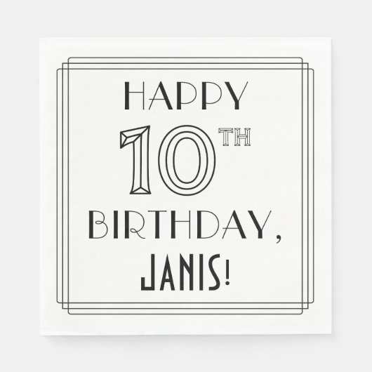 幸せな10番目の誕生日;アールデコスタイル;名前をカスタムする スタンダードランチョンナプキン (正面)
