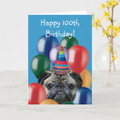 幸せな100th誕生日pugグリーティングカード カード (黄色い花)