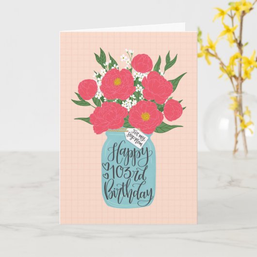 幸せな103番目の誕生日のステップマザーとメイソンジャーの花 カード (黄色い花)