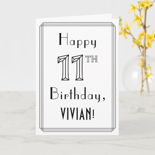 幸せな11誕生日、アールデコスタイルと名前をカスタムする カード (黄色い花)