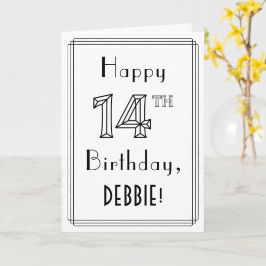 幸せな14番目の誕生日、アールデコスタイルと名前をカスタムする カード (黄色い花)
