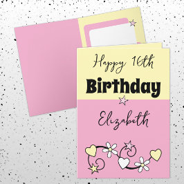 幸せな16th誕生日の名前ピンク黄色 カード