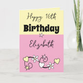 幸せな16th誕生日の名前ピンク黄色 カード (正面)