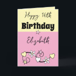 幸せな16th誕生日の名前ピンク黄色 カード<br><div class="desc">この祝カスタマイズ可能なHappy 16th誕生日カード（または選択したマイルストーン）とスタイルで！誕生日のスターの名前を含めて個人touchを追加し、本当に一種のものにする。このエキサイティングなマイルストーンをマークするのに最適なデザインは、おもしろいと祭りを組み合わせて彼らの顔にスマイルをもたらす。21歳、30歳、50歳、特別な年齢など、このカードは彼らの大きな日を忘れられない作りについてのものだ。今すぐパーソナライズして、彼らは永遠に宝物となるだろう！ハートと花ピンク/黄色</div>