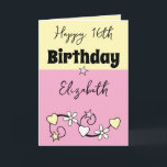 幸せな16th誕生日の名前ピンク黄色 カード<br><div class="desc">この祝カスタマイズ可能なHappy 16th誕生日カード（または選択したマイルストーン）とスタイルで！誕生日のスターの名前を含めて個人touchを追加し、本当に一種のものにする。このエキサイティングなマイルストーンをマークするのに最適なデザインは、おもしろいと祭りを組み合わせて彼らの顔にスマイルをもたらす。21歳、30歳、50歳、特別な年齢など、このカードは彼らの大きな日を忘れられない作りについてのものだ。今すぐパーソナライズして、彼らは永遠に宝物となるだろう！ハートと花ピンク/黄色</div>