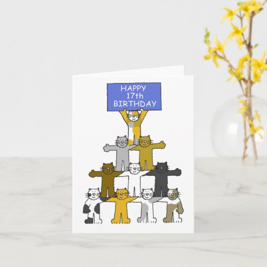 幸せな17誕生日猫 カード (黄色い花)