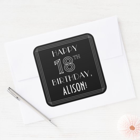 幸せな18番目の誕生日;アールデコスタイル;名前をカスタムする スクエアシール (封筒)