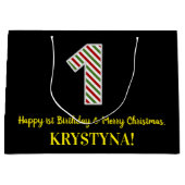 幸せな1st誕生日とメリークリスマス、名前をカスタムする ラージペーパーバッグ (正面)