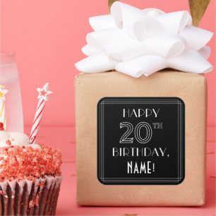 幸せな20番目の誕生日;アールデコスタイル;名前をカスタムする スクエアシール