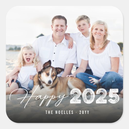 幸せな2025年！大胆で新しい年のはがき写真の休日 スクエアシール (正面)