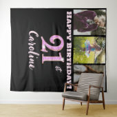 幸せな21歳の誕生日パーティー、ピンクのグリッターと3枚の写真 タペストリー (インサイチュ(横))