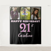 幸せな21歳の誕生日パーティー、ピンクのグリッターと3枚の写真 タペストリー (正面)
